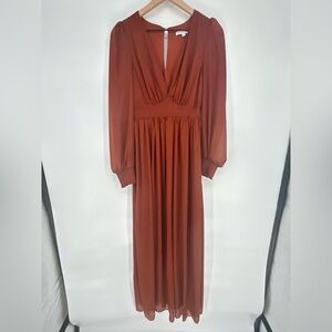 Baltic Born  Long Sleeve Deep V-Neck Maxi Metallic Brown Dress- Women's Medium